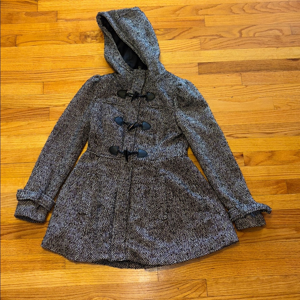 Aéropostale Black White Herringbone Hooded Toggle Pea Coat M